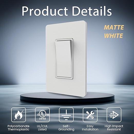 ThunderWay 3 Way Matte White Light Switch with Cover Plate, 15A 120/277 V Three Way Decorative Paddle Switches, Self-Grounding, Residential and Commercial Grade, UL Listed, 20 Pack