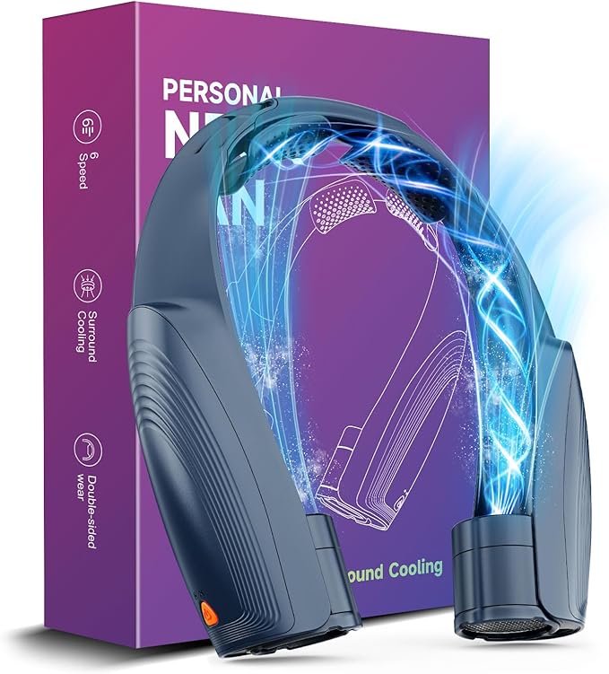 Slientspin AI Portable Neck Fan with 6 Powerful Speeds, 8000mAh Battery Operated USB-C Rechargeable Fan, Hands-Free 360° Cooling Neck Fan,Twistable,Ultra-Quiet Personal Fan Gift for Women Men(Blue)