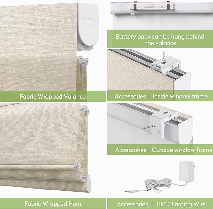 ZSTARR Smart Roman Shades Rechargeable Motorized Blinds with Remote Light Filtering Roman Window Shades Plain Fold Soft for Doors Bedroom, Custom Size (Light Beige)