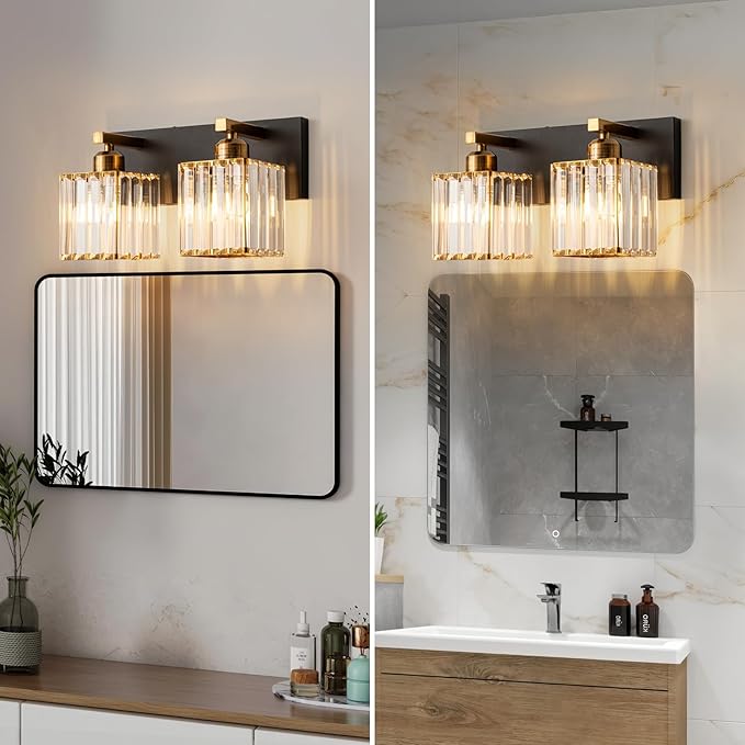 FDPBY Modern Bathroom Vanity Light 2-Lights Black Gold Crystal Bathroom Wall Light Vanity Light Fixtures，12.59-inch Modern Minimalist Design