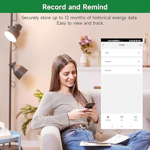 WiFi Energy Monitor with 2 * 80A Clamps, Real-Time Electricity Tracking, Smart Home Power Management, WiFi Meter Solar/Net Metering, Home Energy Automation and Control