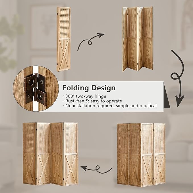ALeesing 4 Panel Pegboard Wood Room Divider, 5.6Ft Pegboard Display Folding Privacy Screens, Peg Board Display Freestanding for Trade Show Craft Show Home Wall Organizer, Light Brown