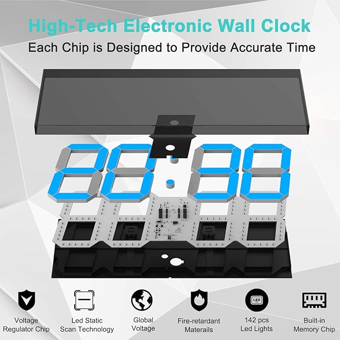 CHKOSDA LED Large Digital Wall Clock, Oversize Wall Clock with 6” Numbers, Remote Control Count up/Countdown Timer Clock, Auto Dimmer, Big Calendar and Thermometer(Ice Blue)