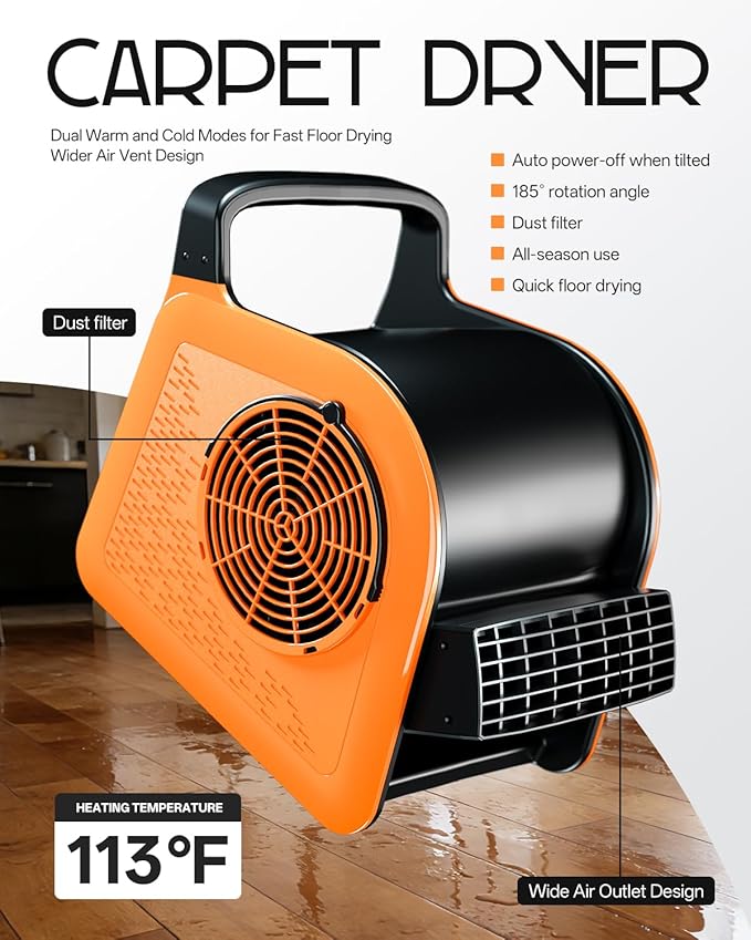 Puligoth Air Mover Blower Fan: High Velocity Floor Fans for Cooling and Drying, Carpet Dryer with Heater, Filter, UV Light, 3 Speeds, 185° Rotating for Industrial, Orange