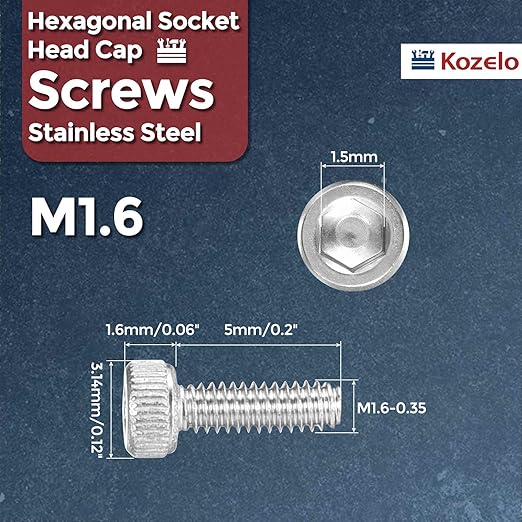 Kozelo 100pcs Socket Head Cap Screws - [M1.6-0.35 x 5mm] 304 Stainless Steel Allen Socket Drive for Electrical Motor 3D Printing Fan Engine Replacement Use, Silver