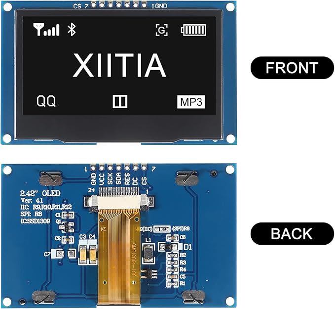 XIITIA 2pcs 2.42 inch 128x64 OLED LCD Display Module SSD1309 7 Pin SPI/IIC I2C Serial Interface for Arduino UNO R3 (White Light)