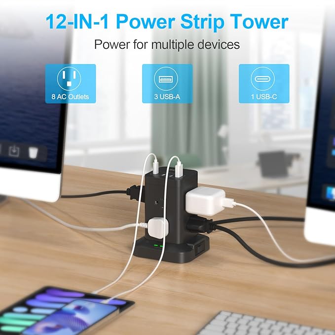 BEVA Power Strip Tower, Surge Protector with USB Ports, 6.5 FT Extension Cord, Charging Tower for Multiple Devices 8 AC and 4 USB(USB-C) for Office Supplies Dorm Room Essentials Office Organization