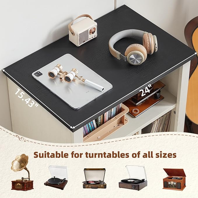 Joaxswe Record Player Stand with Vinyl Record Storage, 24" Wide Mid-Century Record Player Table Up to 200 Albums,Large Wood Turntable Stand Cabinet Dispaly Shelf for Living Room,Bedroom,White