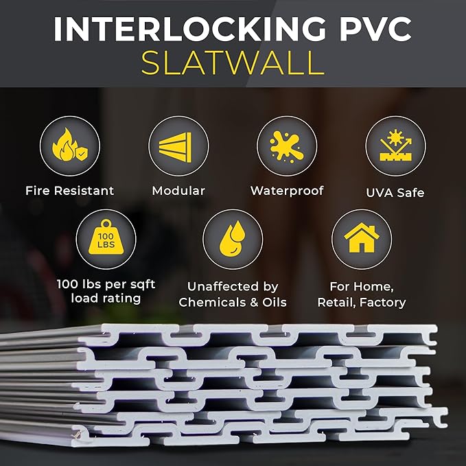 DLDIRECT 48" X 96" - White Slatwall Panel Garage Organizer: Heavy Duty Wall Mounted PVC Rack, Interlocking Slat Paneling for Garage Storage, Slotwall Board, Shelves System