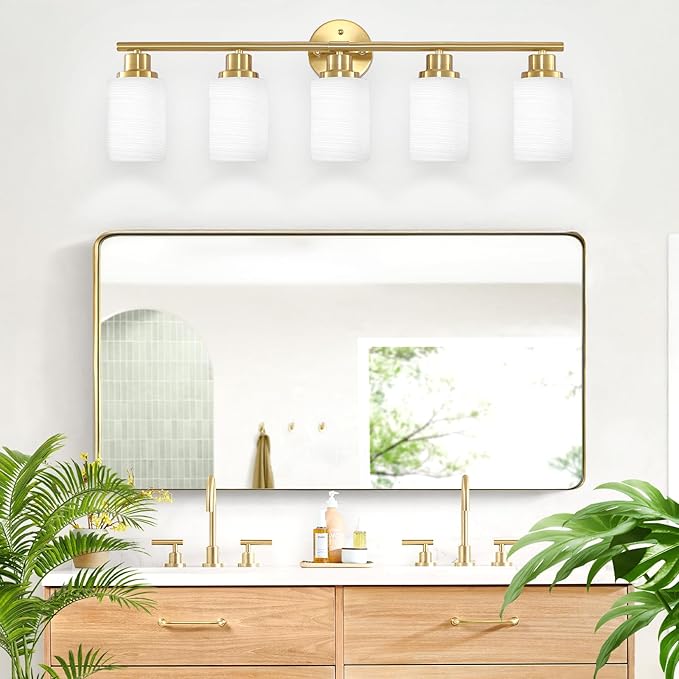 Guliaofo 5-Light Vanity Lights, Brushed Gold Bathroom Light Fixture with Striped Textured Milky White Glass Shade, E26 Modern Vanity Lighting Fixture for Bathroom Wall Sconce Light Over Mirror