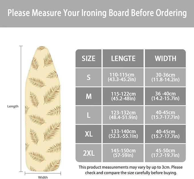 ZCFYGDX Ironing Board Covers,Elastic Edge 3 Bottom Nylon Buckle Straps, Stain Resistant & Resistant Scorch, Easy to Installation Fasteners Minimalist Palm Leaf Print Decor Size-L 17 x 49