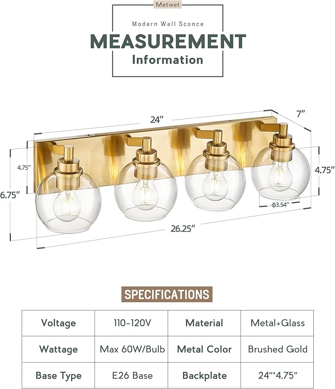 METWET Bathroom Light Fixtures, 4 Light Brushed Gold Vanity Light, 26 Inch Modern Wall Sconces with Globe Clear Glass Shade, Vanity Lighting Fixtures Over Mirror, VL195-BG-CL-4