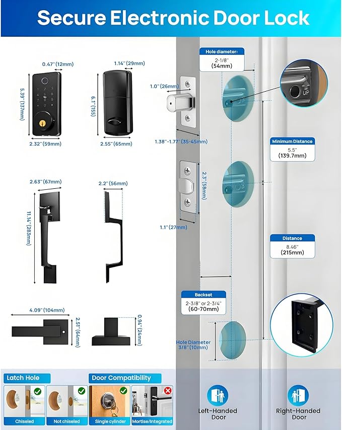Smart Keyless Entry Door Lock Set w/Front Door Handle, 0.1s Fingerprint Biometric Unlock, APP/Passcodes/Cards Control, Auto Lock Keypad Deadbolt, Easy Install for Entry Bedroom