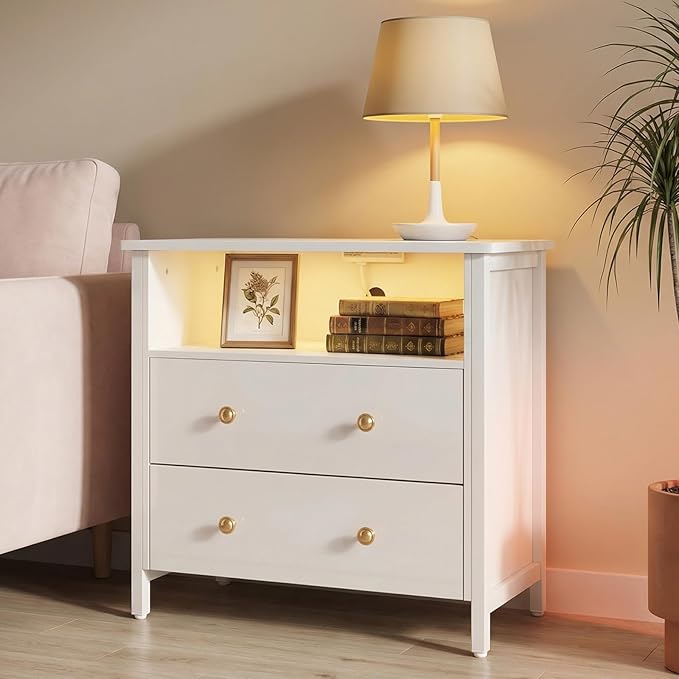 Tykacna 27 Inch Wide Night Stand, Large Wood Night Stand Set 2 with 2 Drawers, LED Nightstand with Charging Station and Adjustable Drawer, Bedside Table for Living Room/Bedroom/Study/Office, White.