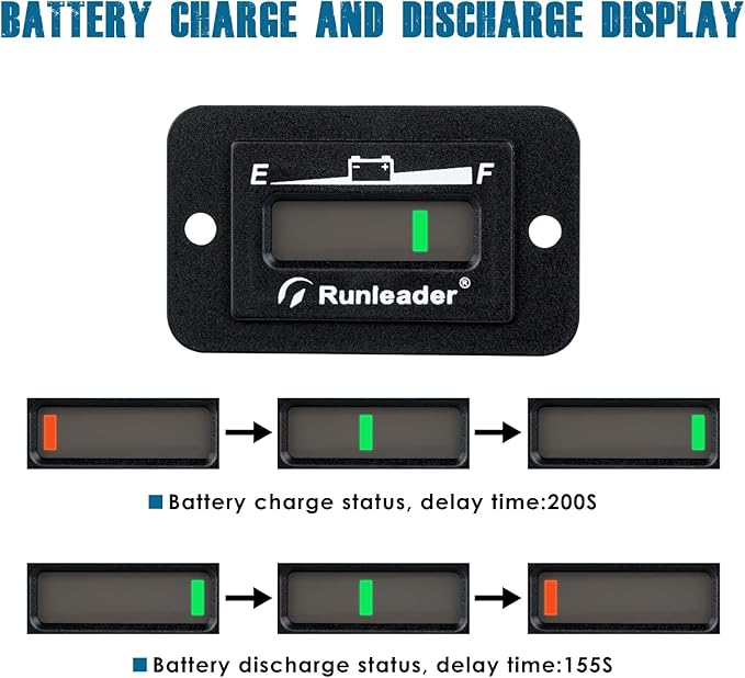 Runleader LED Battery Level Monitor,Volt.12V/24V,Charge and Discharge Display- Only Suitable for Lead Acid Battery,Works on Golf Club Car Left Fork Scrubber RV Travel Trailer Go-Kart.