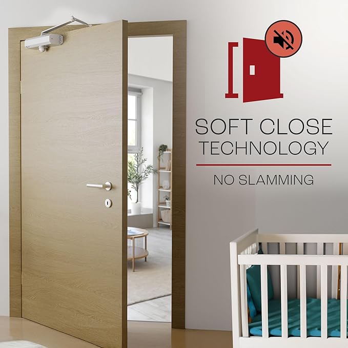 PrimeWare DC-600 Automatic Adjustable Door Closers for Home | Soft Close, No Slam | Residential and Commercial Door Closer | Level 1-6 | for Doors Weighing 30-300 lbs | Hydraulic Door Spring - Nickel