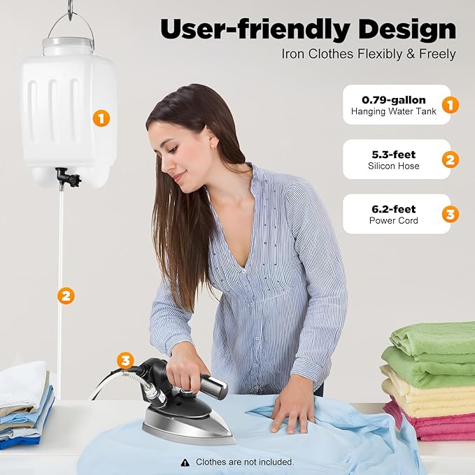 Industrial Gravity Feed Steam Iron 1200W Commercial Electric Iron with 3L Large Capacity Water Bottle, Temperature Adjustable Heavy Duty Clothes Iron for Garment Factory Dry Cleaners Hotels