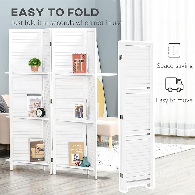 HOMCOM Room Divider, 4 Panel 67" Tall Wood Privacy Screen with 3 Display Shelves, and Folding Storage for Bedroom or Home Office, White