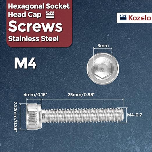 Kozelo 50pcs Socket Head Cap Screws - [M4-0.7 x 25mm] 304 Stainless Steel Allen Socket Drive for Electrical Motor 3D Printing Fan Engine Replacement Use, Silver