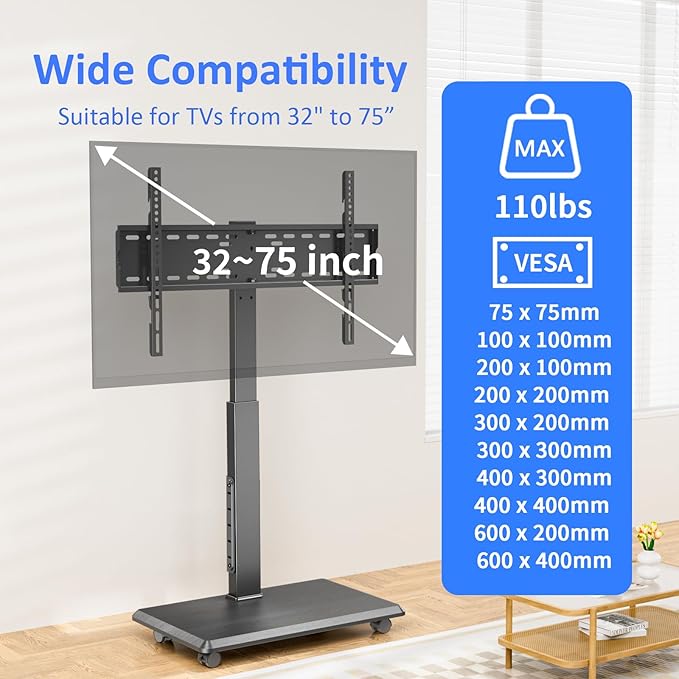 Afaloona Rolling TV Stand with Power Outlet, Mobile TV Stand for 32-75 Inch TVs up to 110 lbs, 30° Swivel TV Floor Stand, 18 Adjustable Heights, TV Cart on Wheels for Bedroom, Office, Outdoor, Black
