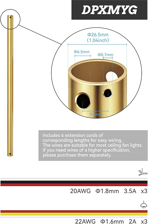 DPXMYG 48 inch Ceiling Fan Downrod with Extension Cord, 4 FT Gold Downrod for Ceiling Fan, 1 inch Outside Diameter, Boom Suitable for a Wide Range of Fans (Gold, Not Threaded)