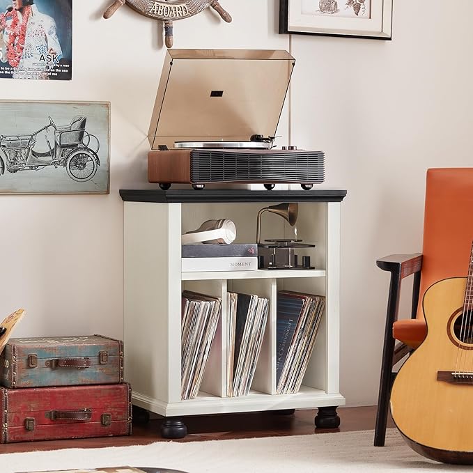 Joaxswe Record Player Stand with Vinyl Record Storage, 24" Wide Mid-Century Record Player Table Up to 200 Albums,Large Wood Turntable Stand Cabinet Dispaly Shelf for Living Room,Bedroom,White