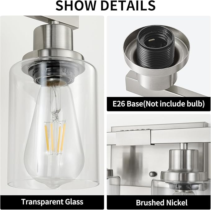 DIKAIDA Bathroom Vanity Light, 6-Light Nickel Modern Matte Wall Sconce Lighting with Clear Glass Shade, Wall Lights,Bath Vintage Wall Mounted Lamps for Mirror Bedroom Living Room