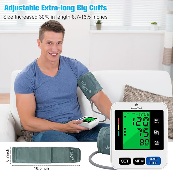Panacare Blood Pressure Machine, Automatic Upper Arm Blood Pressure Monitor for Home use, 2x99 Readout and BP Cuff, 3.4" 3-Color Backlit Screen, Adjustable Large Cuff (8 to 16 inches), Black