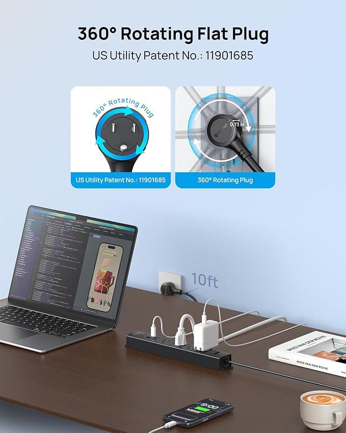 TROND 360° Rotating Plug Surge Protector, Power Strip with USB Ports, 3 USB C and 1 USB A, 1440 Joules, ETL Listed, 1625W, Wall Outlet Extender, 10ft Extension Cord for Home Office Dorm, Black