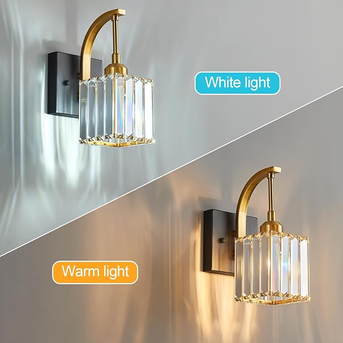 FDPBY Wall Sconces, Set of 2 Black Gold Crystal Vanity Lights, Modern Wall Lamp for Bathroom, Hallway, and Makeup, Easy Installation