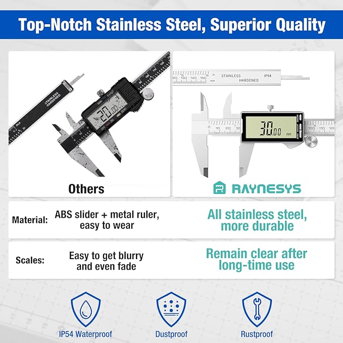 Raynesys Digital Caliper 6 Inch with Large LCD Screen, Inch/MM/Fraction Conversion, 150mm Micrometer Caliper All Stainless Steel Diameter Measuring Tool for Jewelers/Woodworkers/DIY