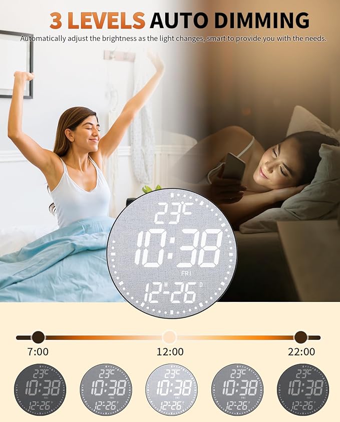 GLOKUUCA 12" Large Digital Wall Mount Clock, Count Down Timer, Alarm, Big LED, 12 RGB Color, Temperature for Living Room Classroom Desk, Xmas, Birthday Gift for Senior Mom (Fabric Elements)