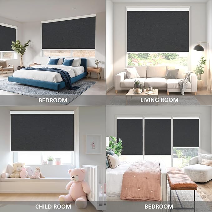 COOLWINDS Motorized Blinds with Remote Cordless Automatic Motorized Shades Custom Blinds for Indoor Windows Smart Curtains with Alexa Google Home(Blackout Jacquard Black,W57 x H72in)