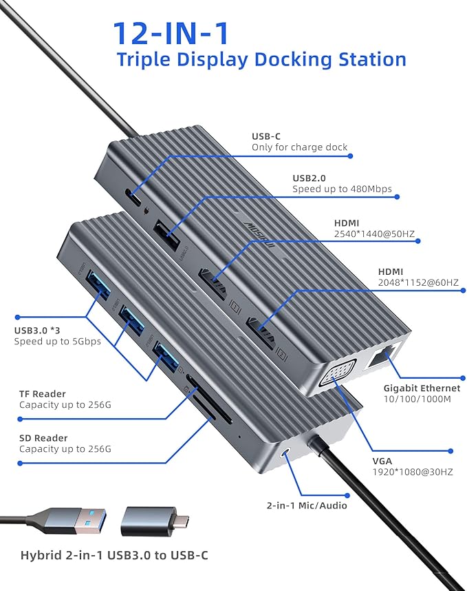 DisplayLink Docking Station Dual Monitor, Mosirui12-in-1 USB 3.0 to USB C Hub with Dual HDMI,VGA,USB3.0,Ethernet for MacBook M1/M2/M3/M4Pro/Air Dell HP Lenovo,Windows Laptops