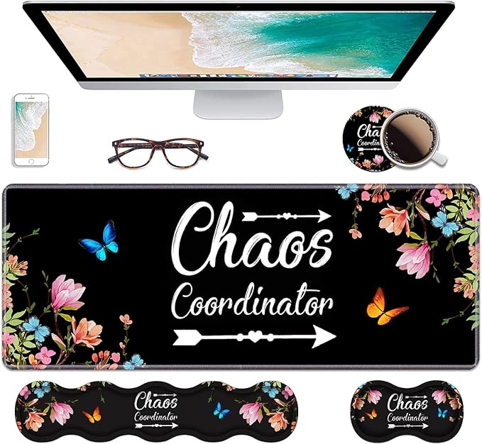 Ergonomic Keyboard Wrist Rest & Mouse Pad Wrist Rest Set, Chaos Coordinator Quote Vintage Watercolor Floral Large Gaming Desk Mat 31.5"x 11.8" with Memory Foam, Easy Typing Pain Relief for Home Office