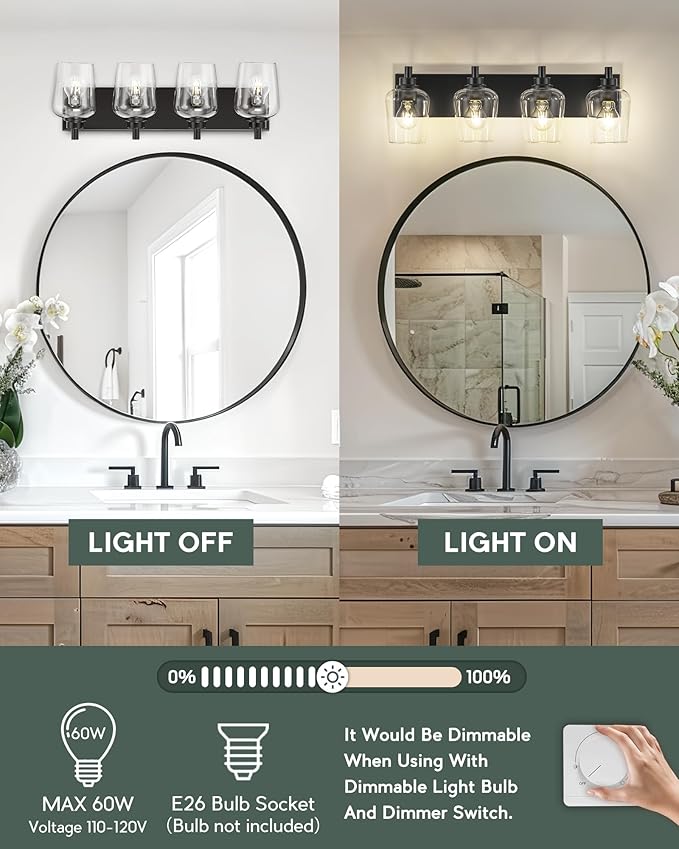 METWET Bathroom Light Fixtures, 4-Light Modern Vanity Light with Clear Glass Wine Glass-Shaped Shade, Vanity Lighting Fixtures Over Mirror, Matte Black, VL155-MB-4