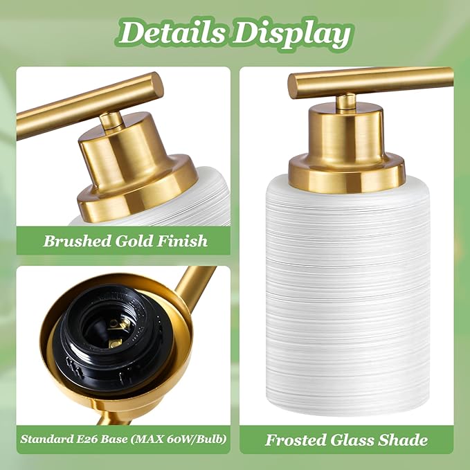 Guliaofo 2-Light Vanity Lights, Brushed Gold Bathroom Light Fixture with Striped Textured Milky White Glass Shade, Modern Vanity Lighting Fixture for Bathroom Wall Light Over Mirror, E26 Wall Sconce