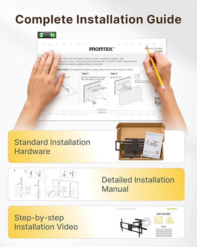 monTEK Full Motion TV Wall Mount for 43"–95" TVs, Pre-Assembled & up to150lbs, Heavy Duty TV Mount Bracket with Tool-Free Tilt/Swivel/Extension, Max VESA 800x400, Fits 16"/18" Studs, HW1242BK