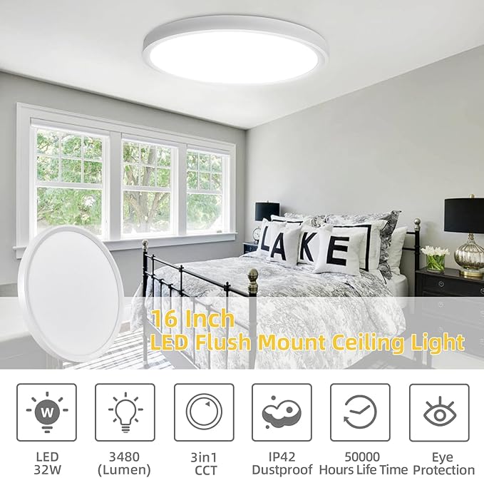 RLEDPZTX Led Flush Mount Ceiling Light,16 Inch 32w 3480lm,3000k/4000k/6000k 3CCT Selectable, Round Modern Flat Panel Super Slim Led Ceiling Light,for Living Dining Kitchen Bedroom Room (4Pack-White)