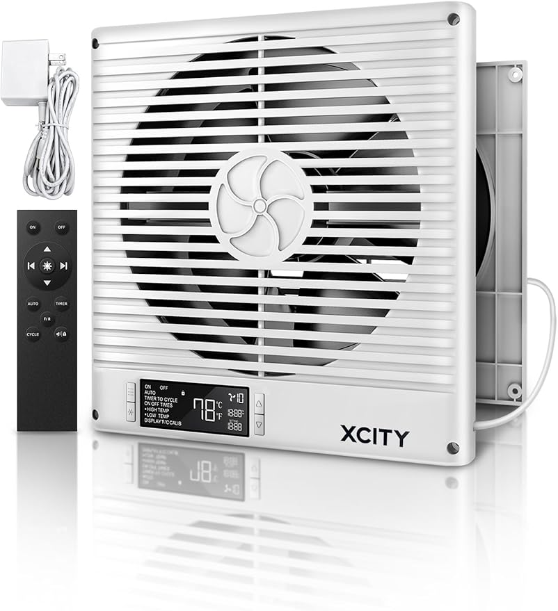 Xcity 8-Inch Room to Room Fan, Through-the-Wall Air Transfer Fan with Remote, 10-Speed Temperature Control, Quiet Reversible Airflow Ventilation for Bedroom, Kitchen & Laundry