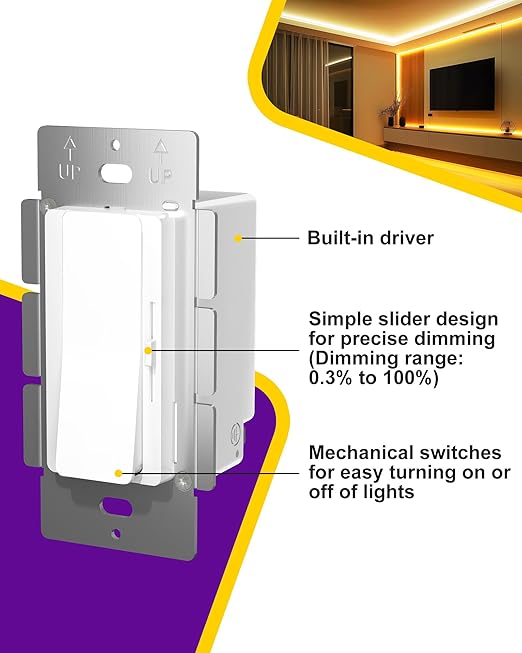 HitLights LED Driver and Dimmer Switch in One 100W, 120V AC to 24V DC, Compatible with Most Solid Color 24V Strip Tape Lights, UL Listed, Single-Pole/3-Way, EZDim Pro, White