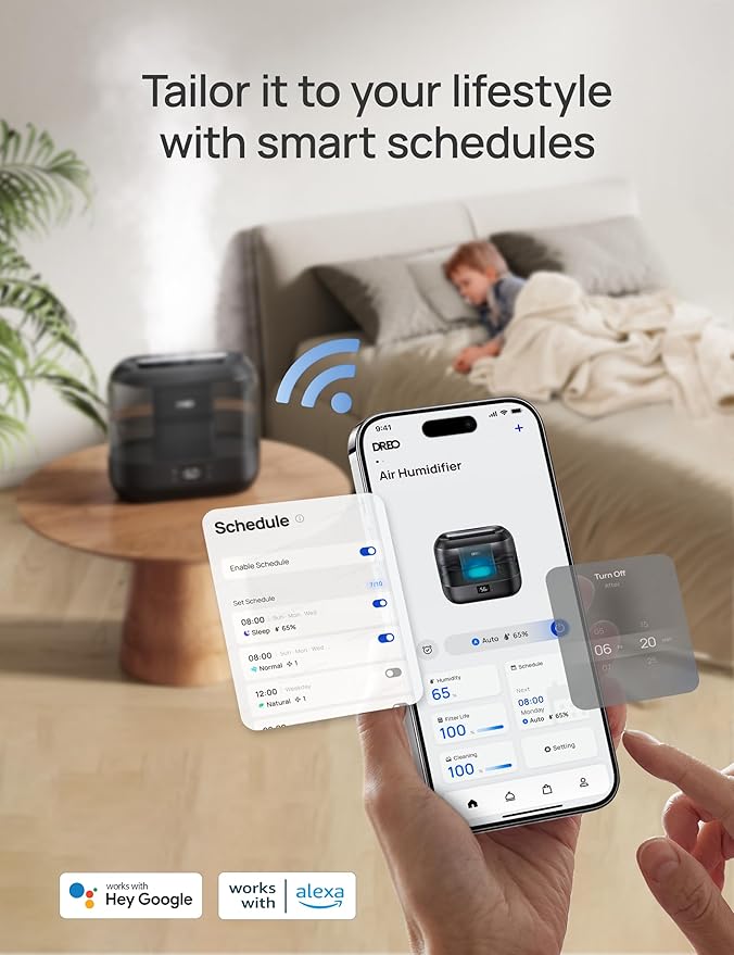 DREO Smart Humidifiers for Bedroom, Top Fill 4L Supersized Humidifier Large Room with 28 dB, 36H Runtime, Touch/APP/Voice Control, Nightlight, Cool Mist Humidifiers for Baby, Plants, Indoor, Ebony