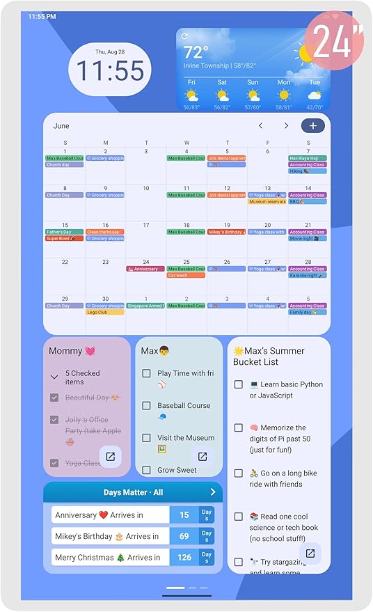 Viewzio 24 Inch Digital Planner Wall Planner Touch Screen Chore Chart Syncs All Android Tablet Apps To Do List Notepad Electronic Smart Calendar Digital for Family Meal Planner Support Via App Store Wall Mount White (24 Inch)