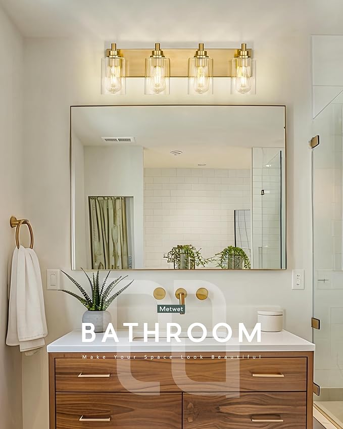 METWET 4-Light Bathroom Light Fixtures, Brushed Gold Vanity Light with Cylinder Clear Glass Shade, Modern Vanity Lighting Fixtures Over Mirror, VL143-BG-4