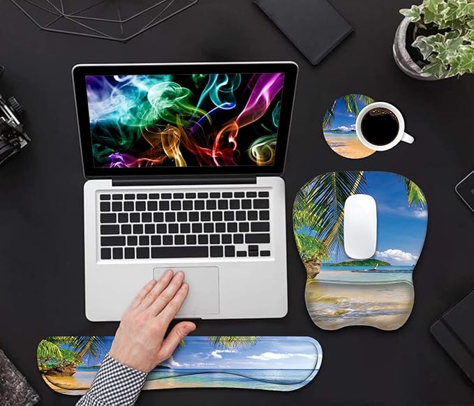 Ergonomic Mouse Pad Wrist Support and Keyboard Wrist Rest Set with Coasters, Non-Slip PU Base, Easy Typing & Pain Relief for Computer Laptop Home Office, Shore Palms Tropical Beach