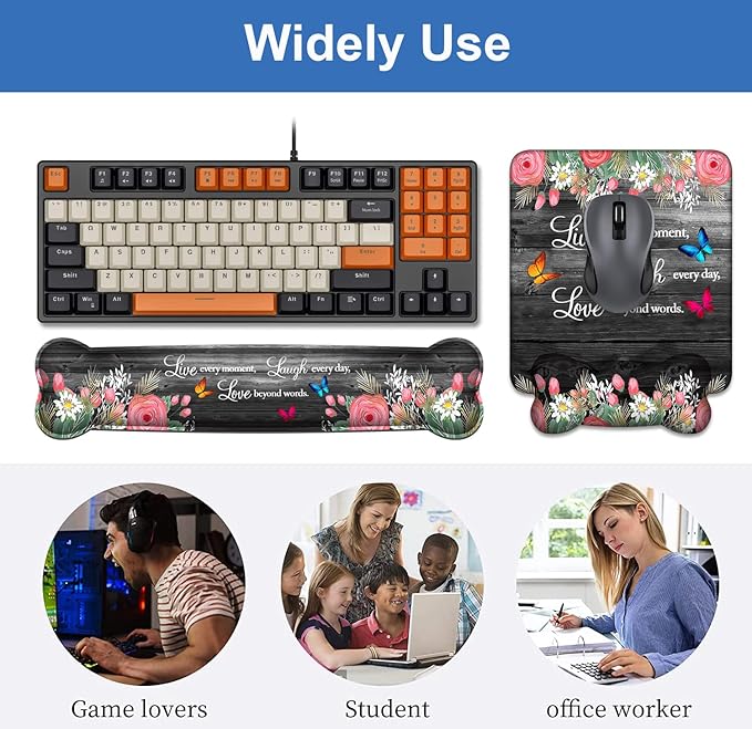 Keyboard Wrist Rest + Mouse Pad Wrist Support Set with Coasters, Non-Slip PU Base Ergonomic Mousepad for Home Office Working Studying Easy Typing & Pain Relief, Floral Quote Live Laugh Love