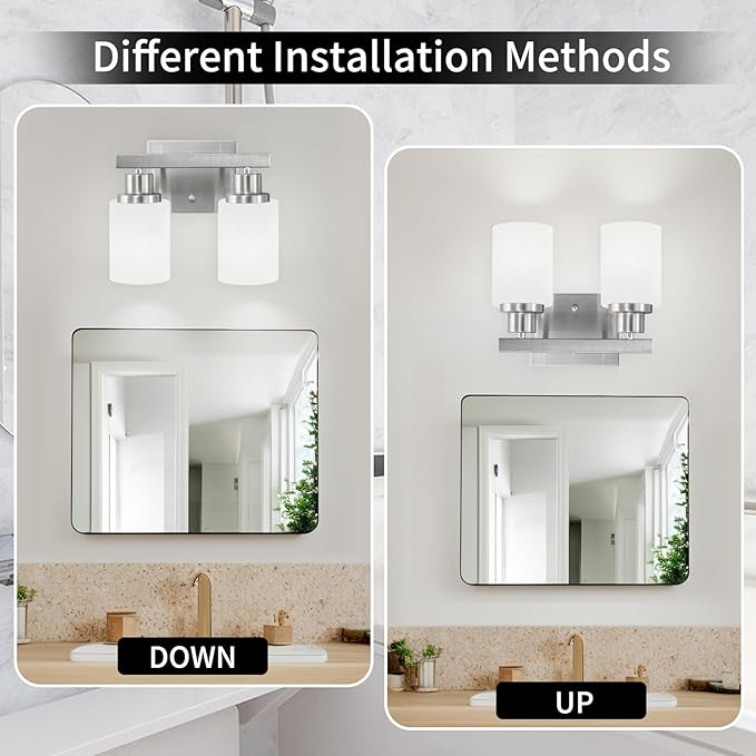 DIKAIDA Bathroom Light Fixtures Over Mirror, 2-Light Modern Nickel Vanity Lights with White Glass Shade, Bathroom Wall Lamp Sconces for Mirror Bedroom, Living Room Hallway Small Space