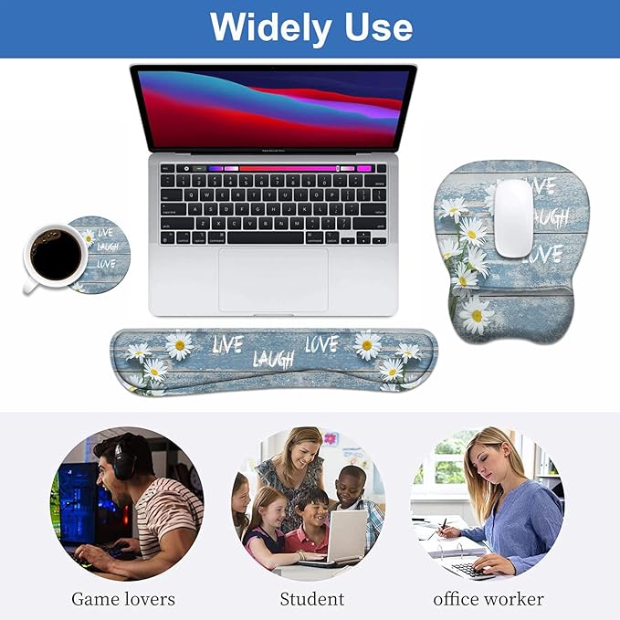 Mouse Pad Wrist Support and Keyboard Wrist Rest Set with Coasters, Dreamy Daisy Vintage Wood Board Live Love Laugh with Non-Slip PU Base Ergonomic Mousepad for Home Office Working Studying