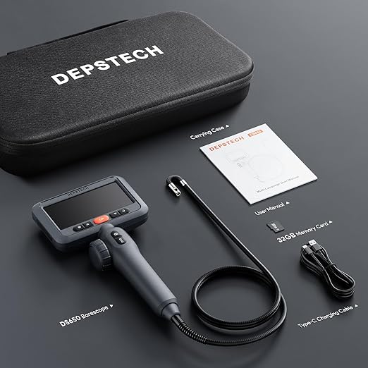 DEPSTECH Dual Lens Two-Way Articulating Borescope Camera with Light, 4.5" Screen and 5FT Flexible Snake Scope Industrial Endoscope, Inspection Video Camera Tool for Wall, Engine, Auto, Mechanics