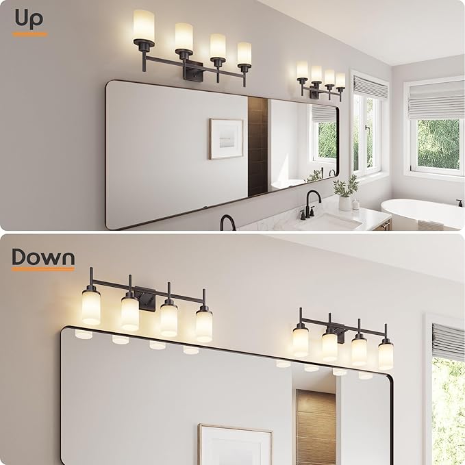AONEON Bathroom Light Fixtures 4-Light Bathrom Vanity Lightings with White Frosted Glass Shade, Oil Rubbed Bronze Wall Lamps Over Mirror T001ORB-L4